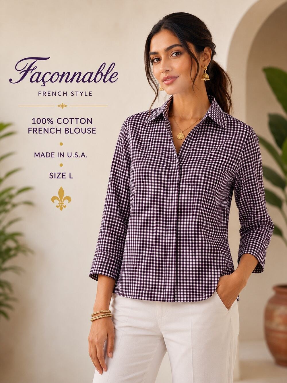 Façonnable France 100% Cotton Purple Gingham Button-Up Blouse Top Size L